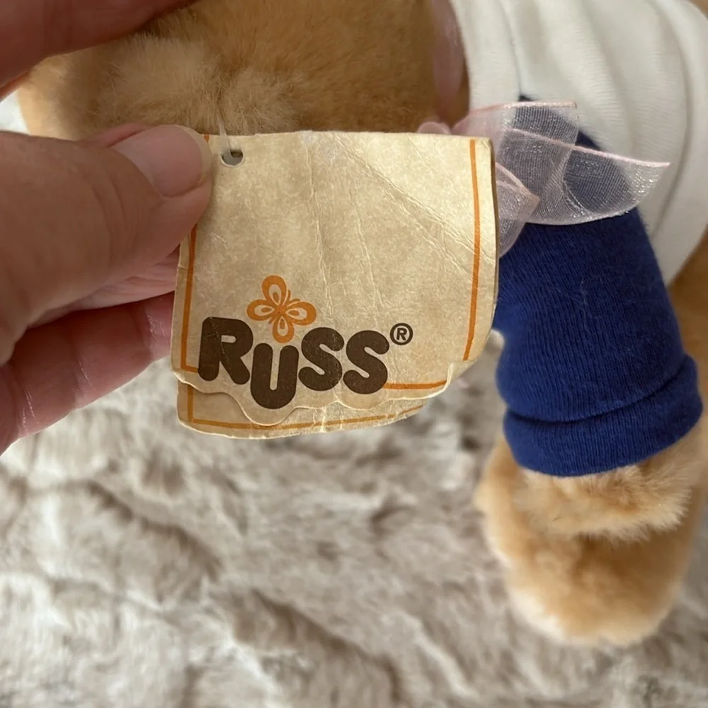 Russ Teddy Bear with Blue Sleeve and Pink Bow. Ski Beech. Vintage